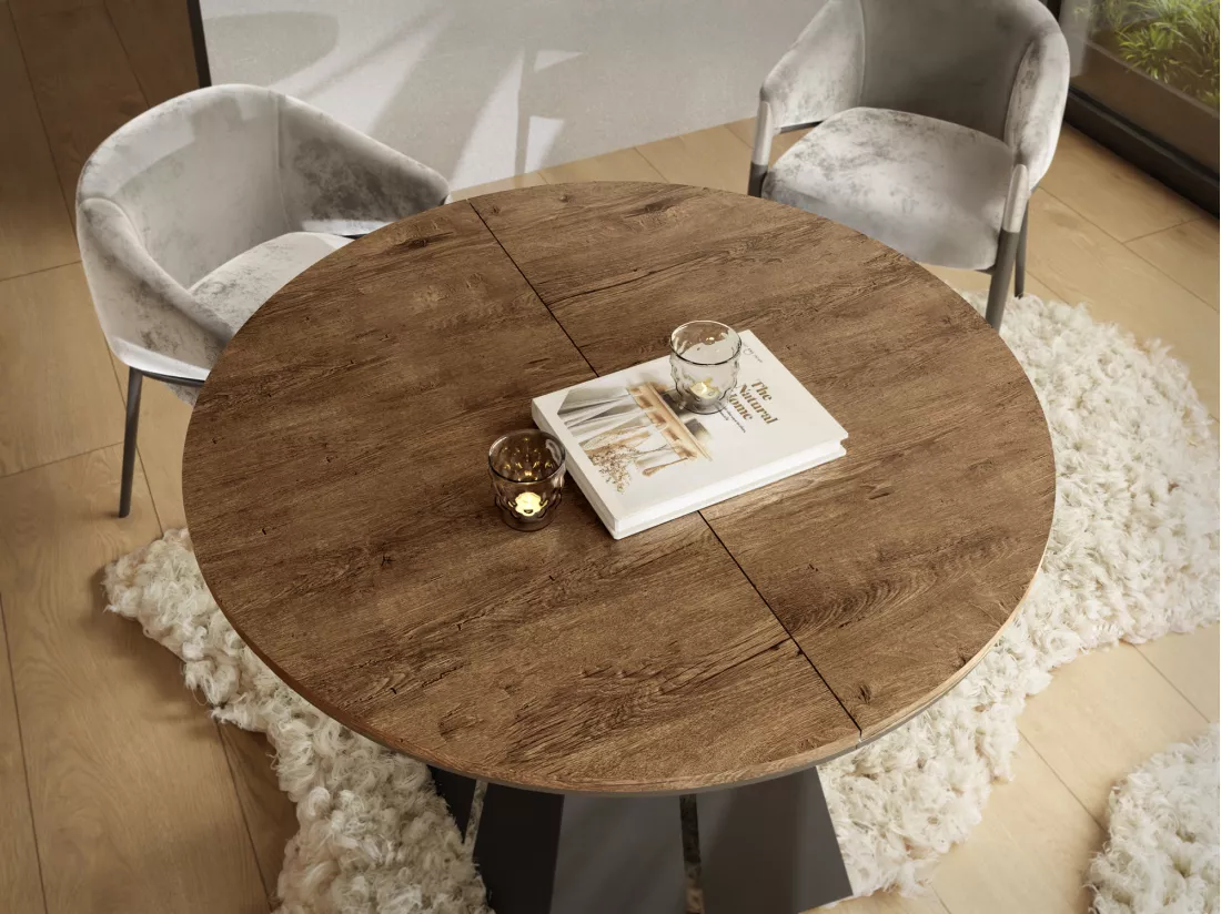 Table à Manger Ronde Extensible Avec Piètement Métallique Noir - Table Industrielle Moderne Pour Salle à Manger Ou Cuisine - 100 Cm à 180 Cm - Fabriqué En Ue - Chên