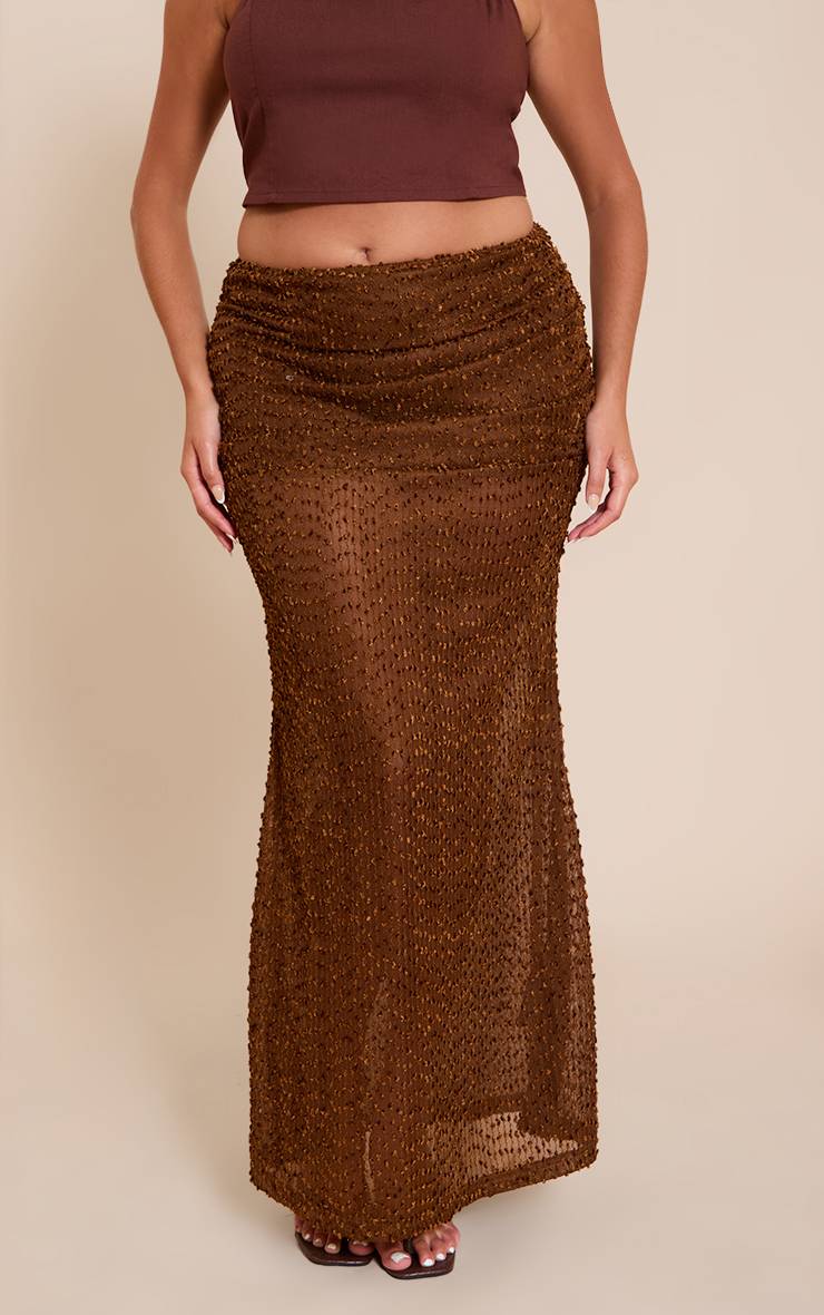 Taupe Jupe Maxi Grande Taille Bouclé Texturé À Taille Repliée Et Froncée