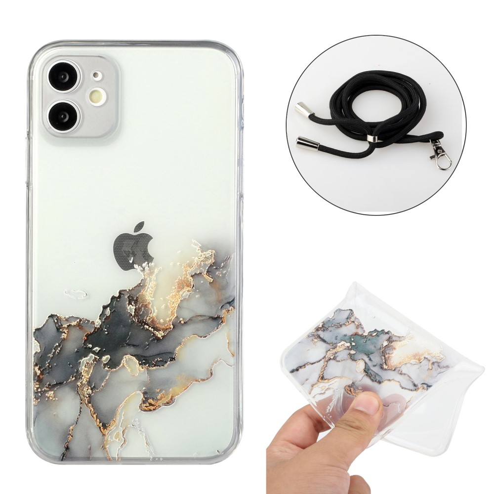 iPhone 11 Necklace Gummi Hülle Marmor Look mit Kameraschutz   Handykette (80cm) - Schwarz