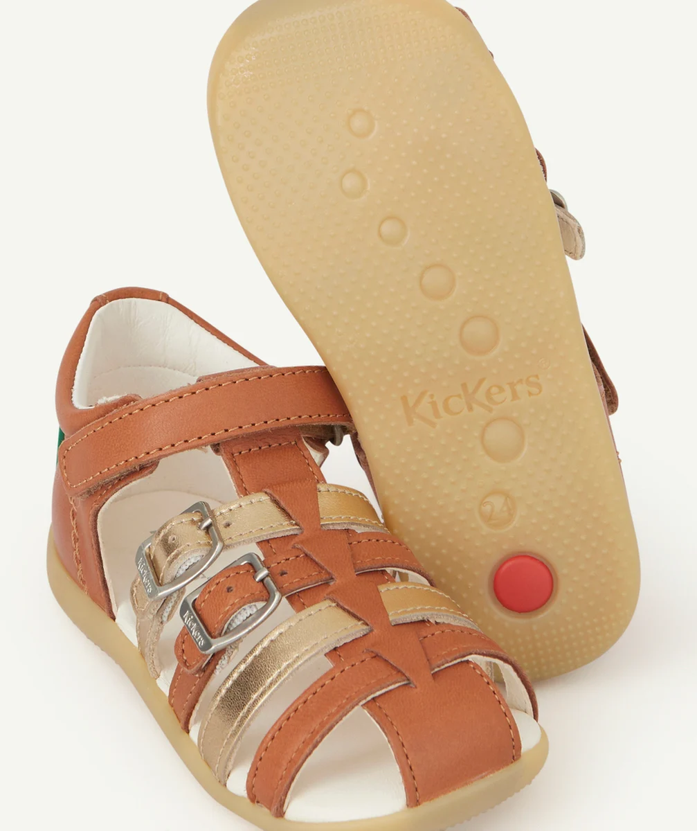 KICKERSSANDALES BÉBÉ FILLE BIGKRO CAMEL ET OR EN CUIR