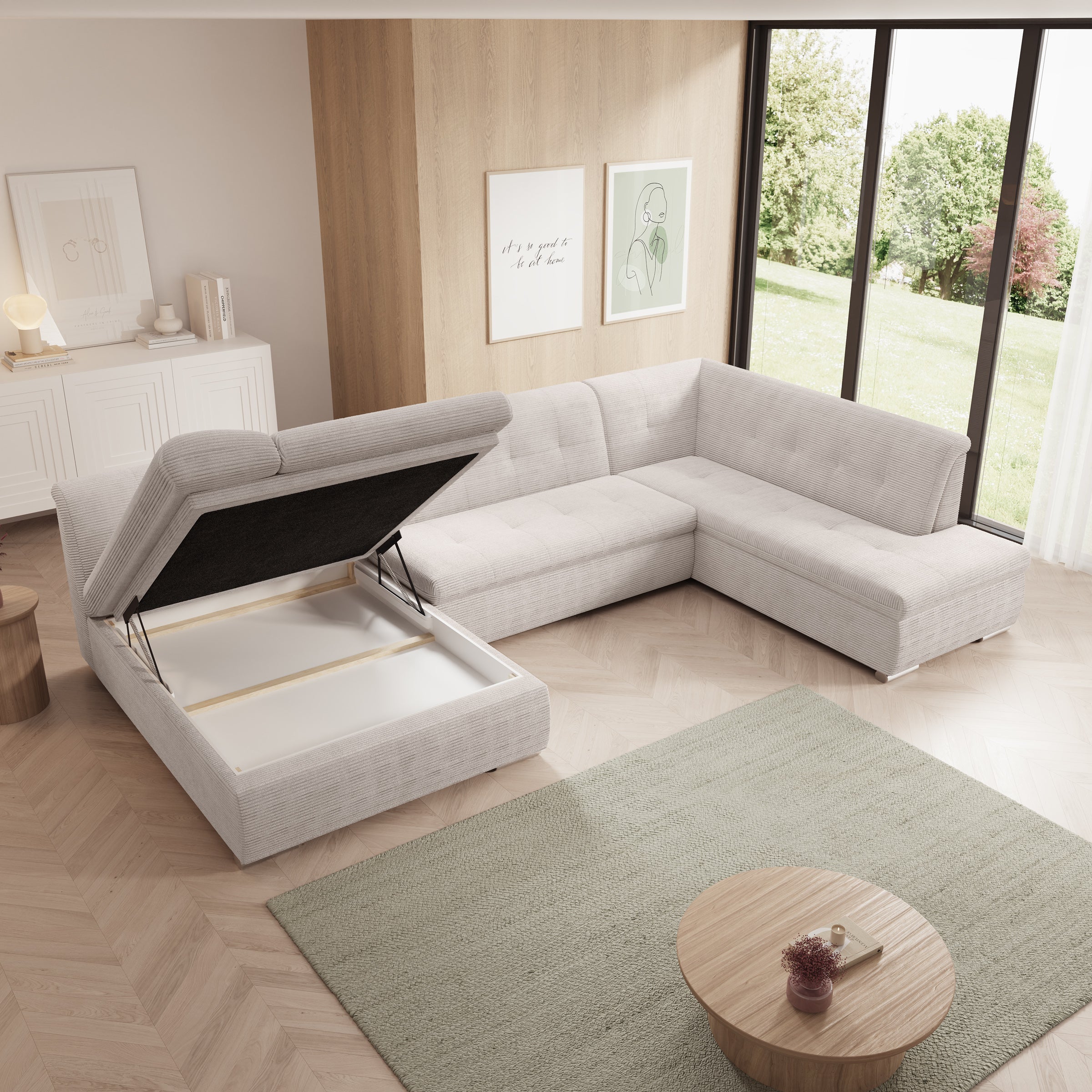Alberta XL - Hoekbank 5-zits met slaapfunctie - Ribstof beige - Links - 346x207x80 cm