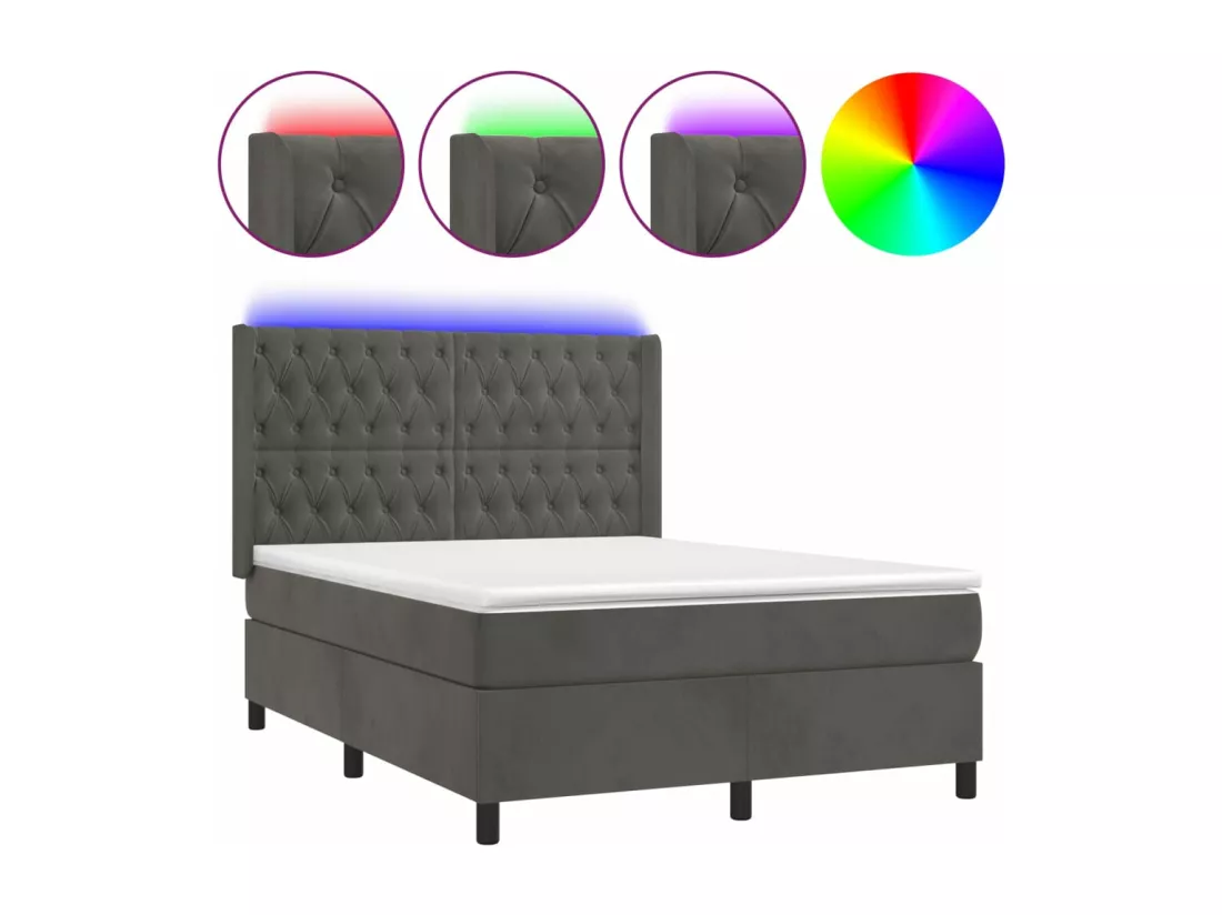 Sommier tapissier matelas et LED Gris foncé 140x190 cm Velours