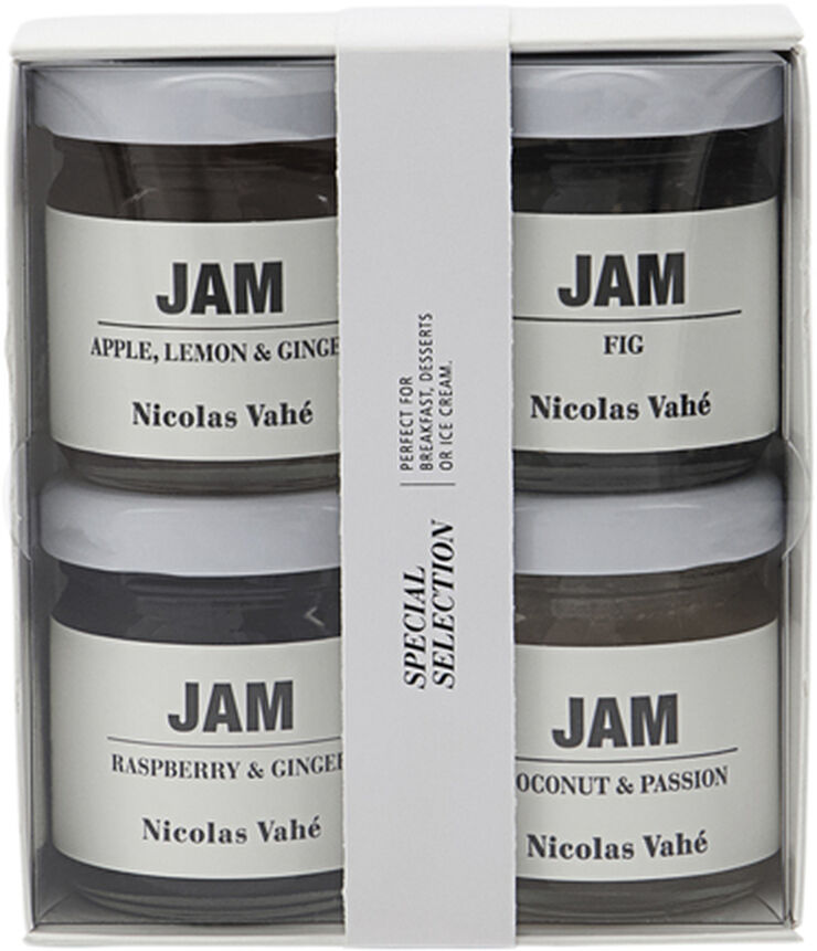 Nicolas Vahé Jam, 4 x 40 g. , Raspberry & Ginger, Passion & Coconut, Apple