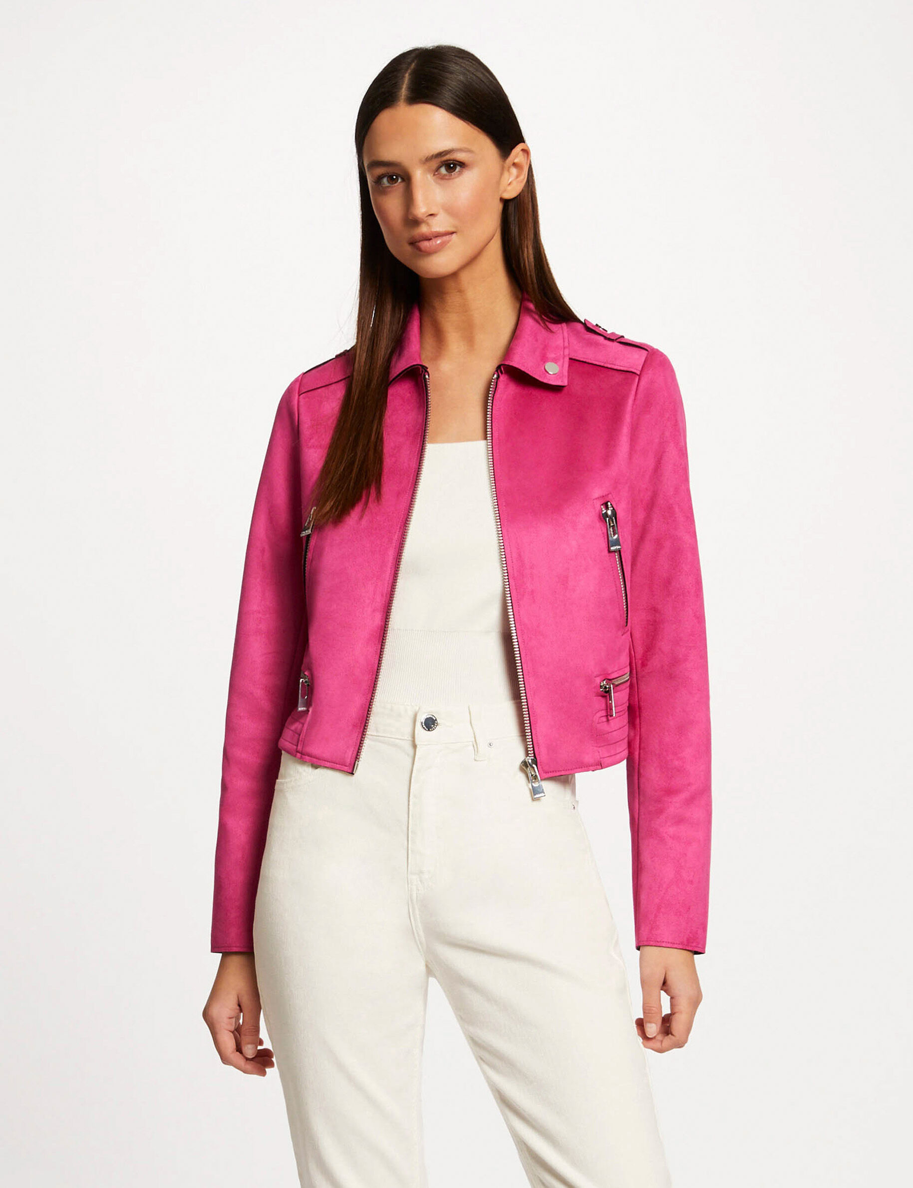 Blouson droit aspect suédine framboise femme - framboise