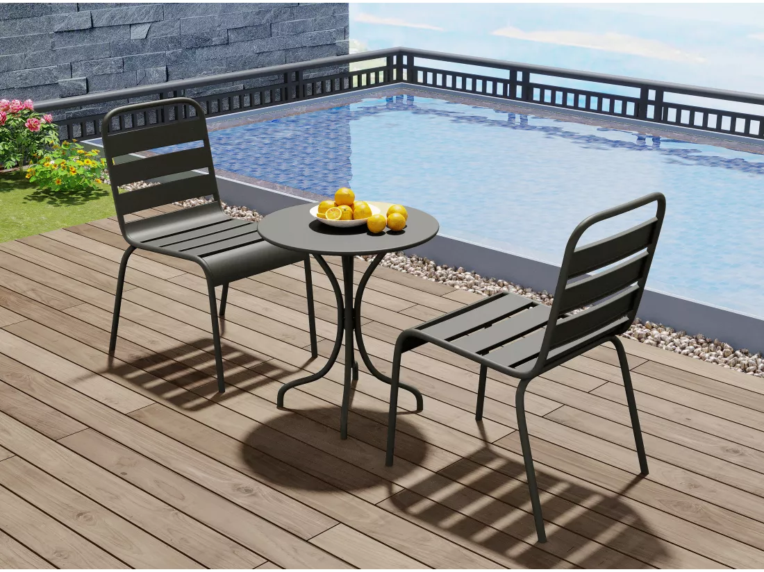 Salle à manger de jardin en métal - une table D.60cm et 2 chaises empilables - Gris anthracite - MIRMANDE de MYLIA