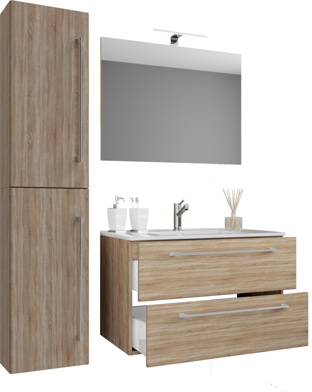 4-teiliges Badmöbel-Set BADINOS - Sonoma Eiche - mit Hochschrank - 114 cm