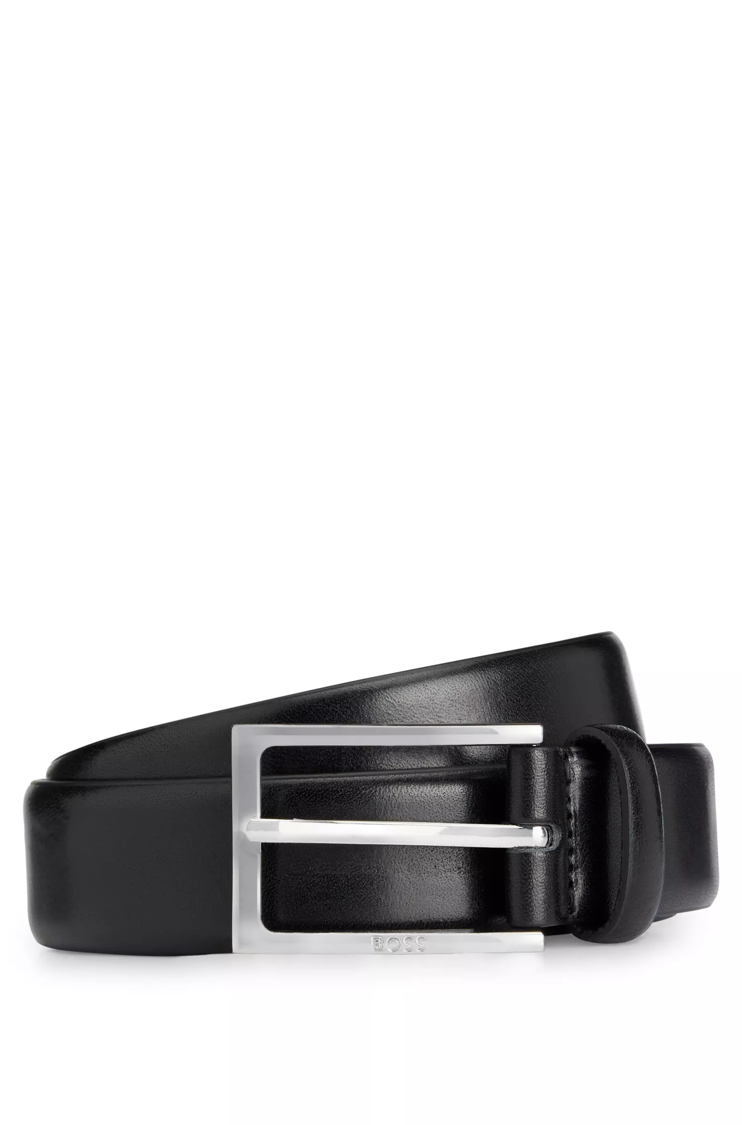 Cinto BOSS em couro italiano preto com fivela gravada com o logotipo.
