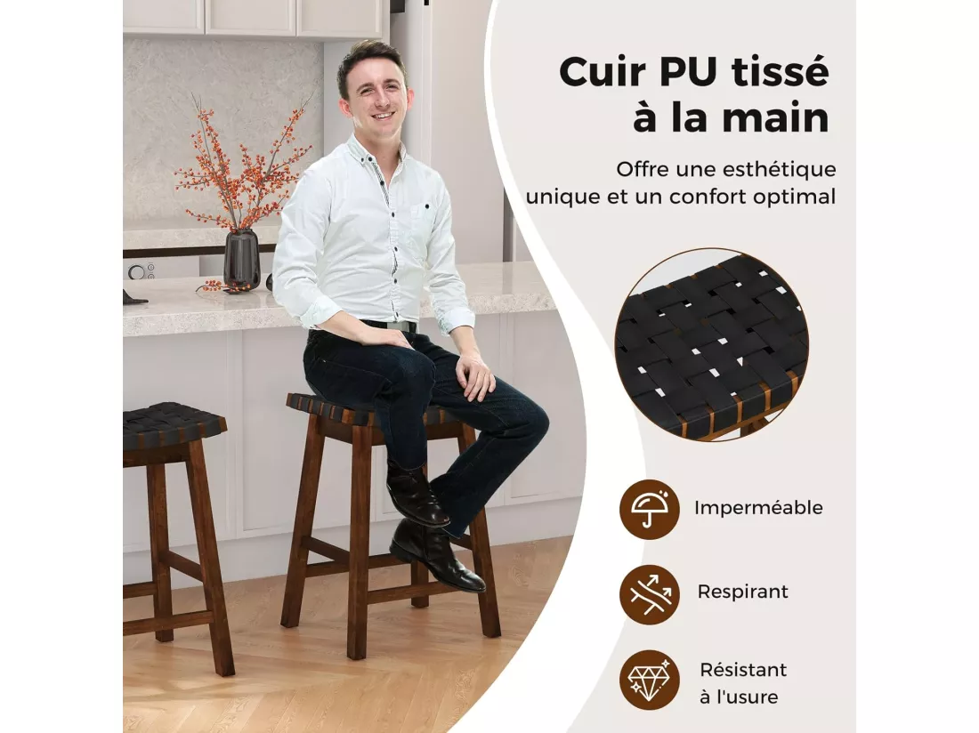 Tabouret de Bar Lot de 2 en Bois Massif, Siège Tissés de Sangles en Simili Cuir, Hauteur d’Assise 65cm, Charge Max 150kg