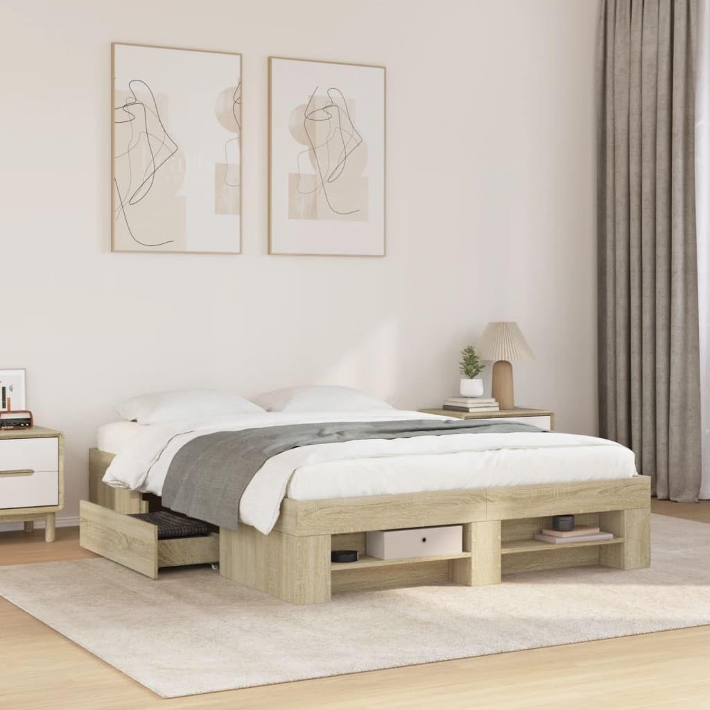 IKAYAA Bett 140x190 mit schubladen Bettgestell 140x190 mit stauraum ohne kopfteil Stauraumbett Bettgestell mit Lattenrost -Sonoma Eiche-140 x 190 cm