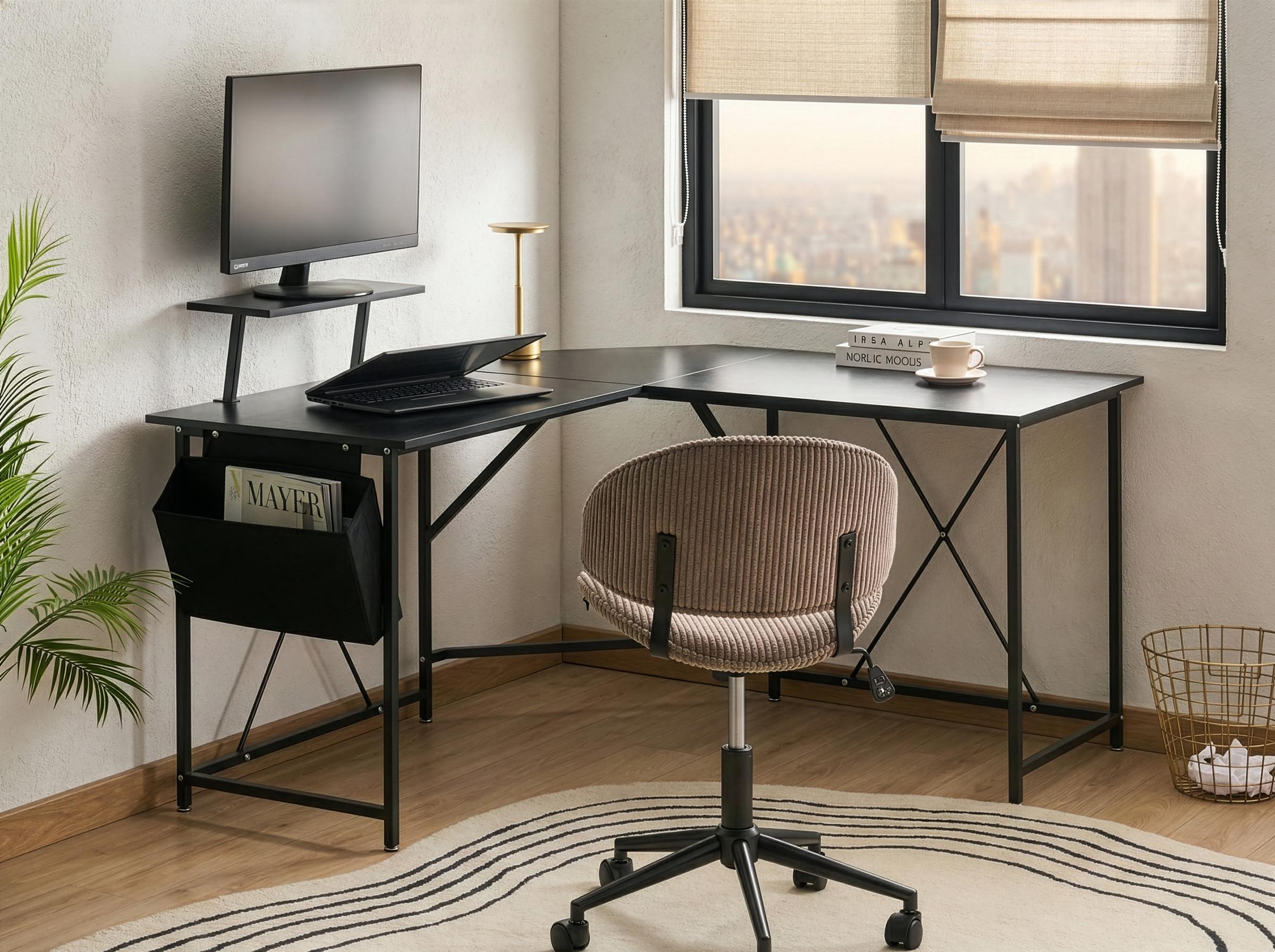 Hoekbureau TACONY Zwart 180 cm 140 cm met opbergruimte