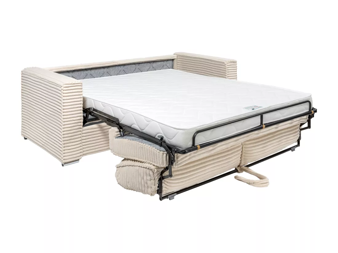 Canapé 4 places convertible express en velours côtelé grosses côtes beige - Couchage à lattes larges 160 cm - Matelas 14 cm LORETO