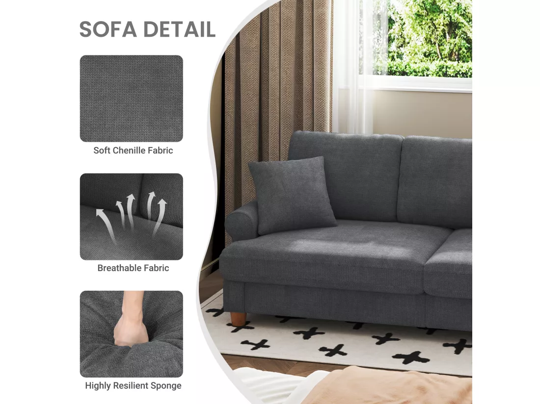 Canapé confort 3 places, Tissu en Chenille, avec accoudoirs,coussins et 2 oreillers, Charge max 365 kg - 220x76x86 cm
