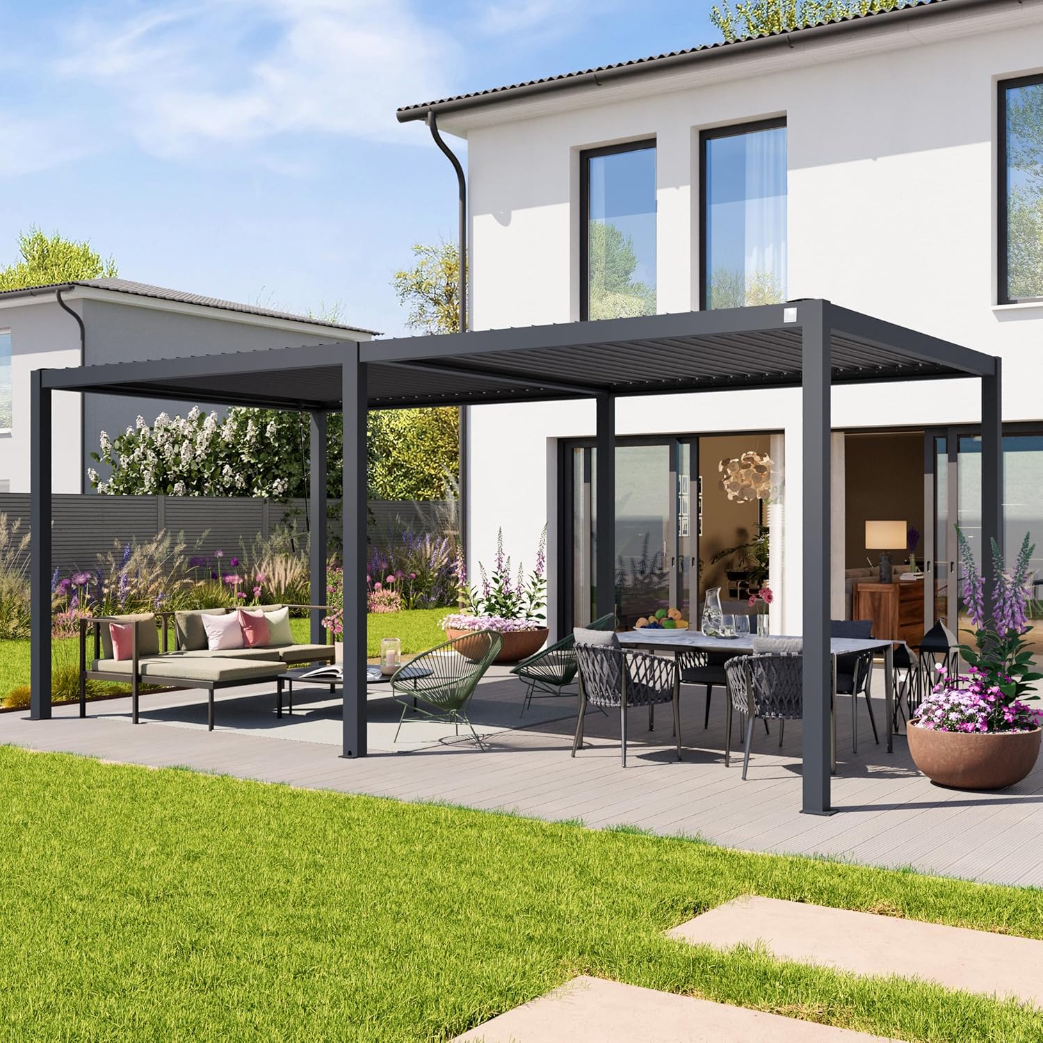 PRIMEYARD Pergola 3x6 m Aluminium-Pfosten mit Lamellendach aus Stahl anthrazitfarbene Terrassenüberdachung
