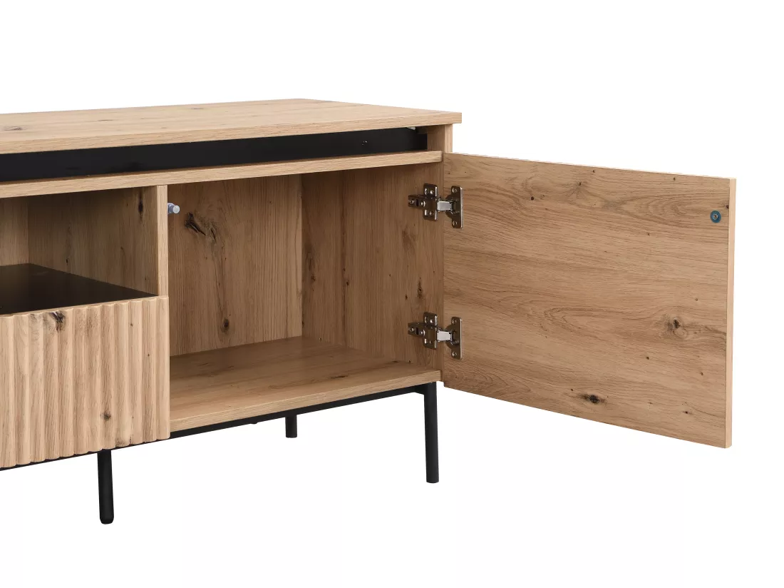 Meuble TV 2 portes, 1 tiroir et 1 niche en MDF et métal - Avec LEDs - Naturel et Noir - VIDALEO