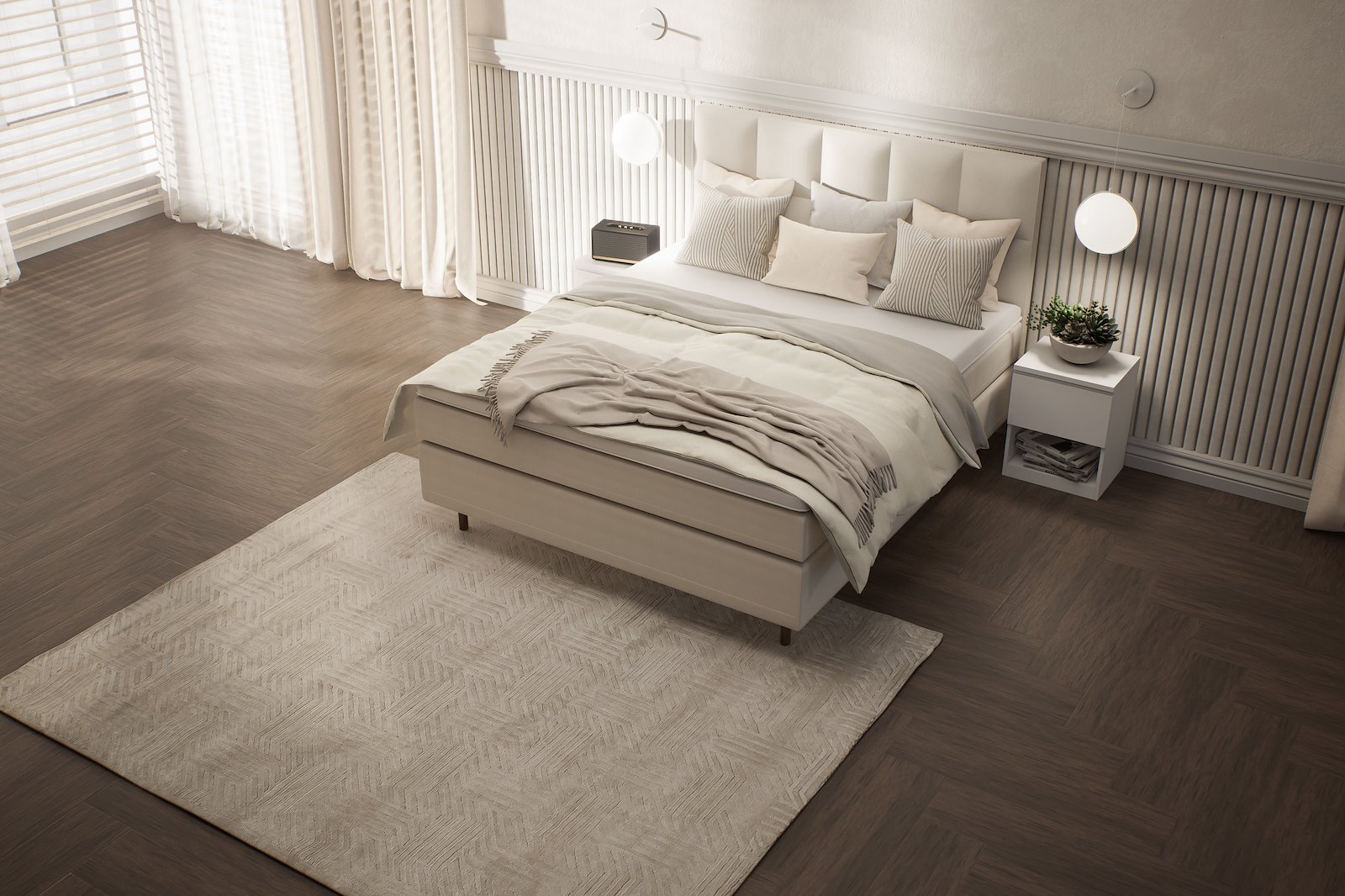 Premium 12 kontinentalseng Tekstil Bris 05 beige, medium/fast, XOV Premium 12 memoryfoam overmadrass og runde ben i røkfarget eik 15 cm