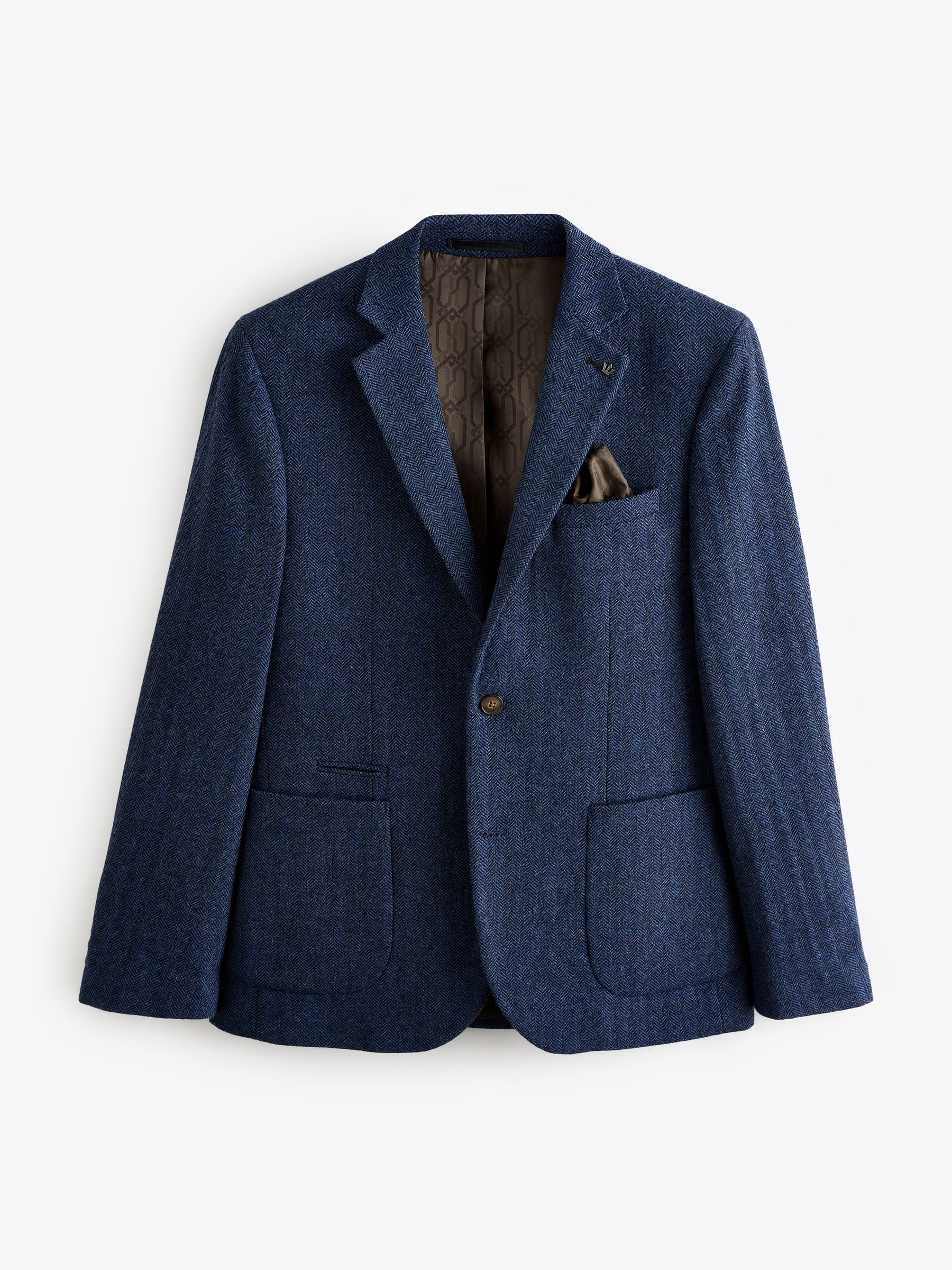 Blauw - Slim Fit - Blazer met visgraatmotief en hoog wolgehalte