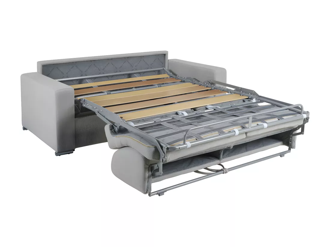 Canapé 2 places convertible express en tissu gris - Couchage lattes larges 120 cm - Matelas 14 cm avec mémoire de forme CALITO