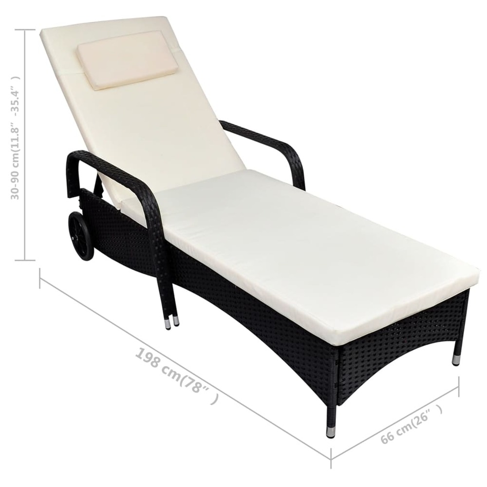 Transat chaise longue bain de soleil lit de jardin terrasse meuble d'extérieur avec coussin et roues résine tressée noir 02_0