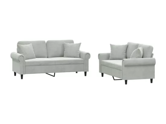 Ensemble de canapés 2 pcs avec coussins gris clair velours