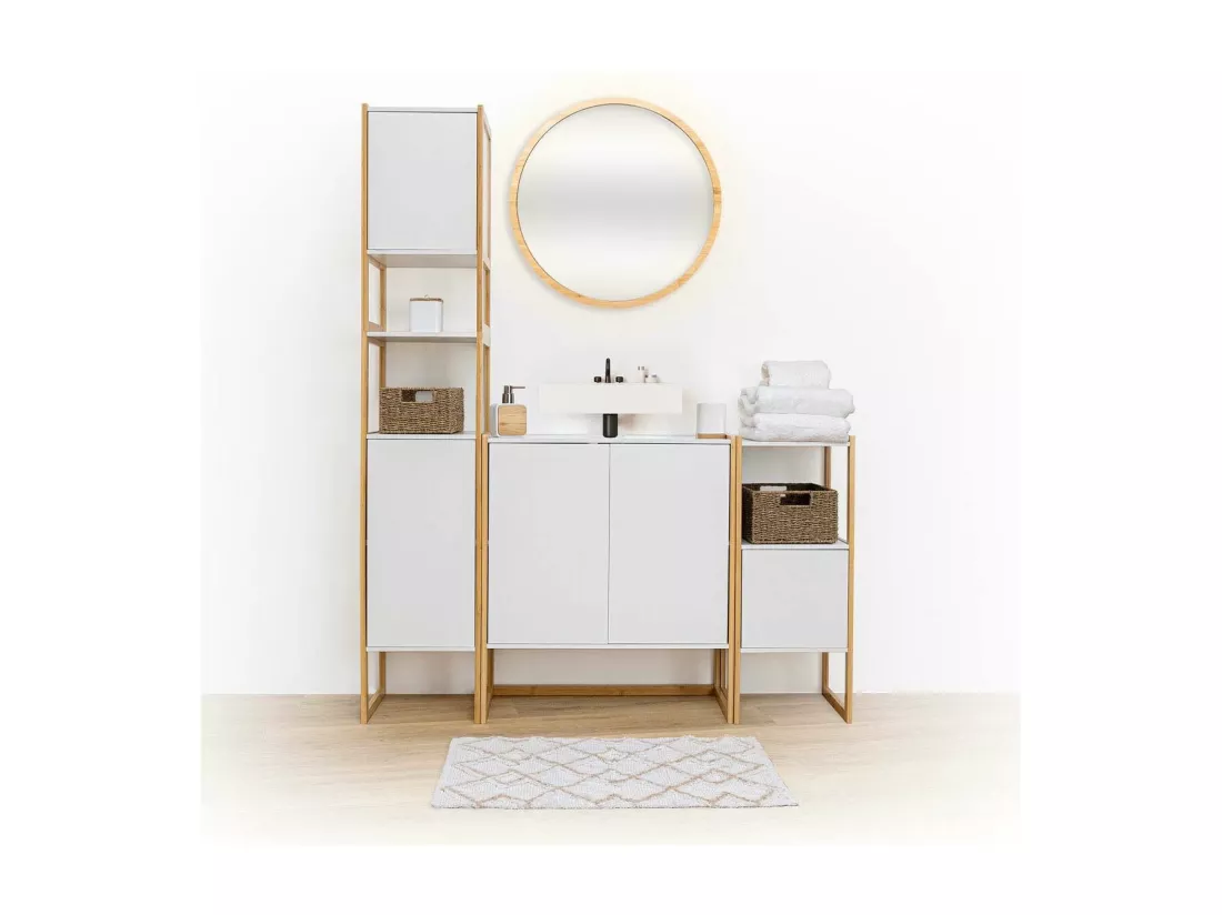 Meuble sous lavabo en Bambou et Bois Blanc 2 Portes H 80 cm