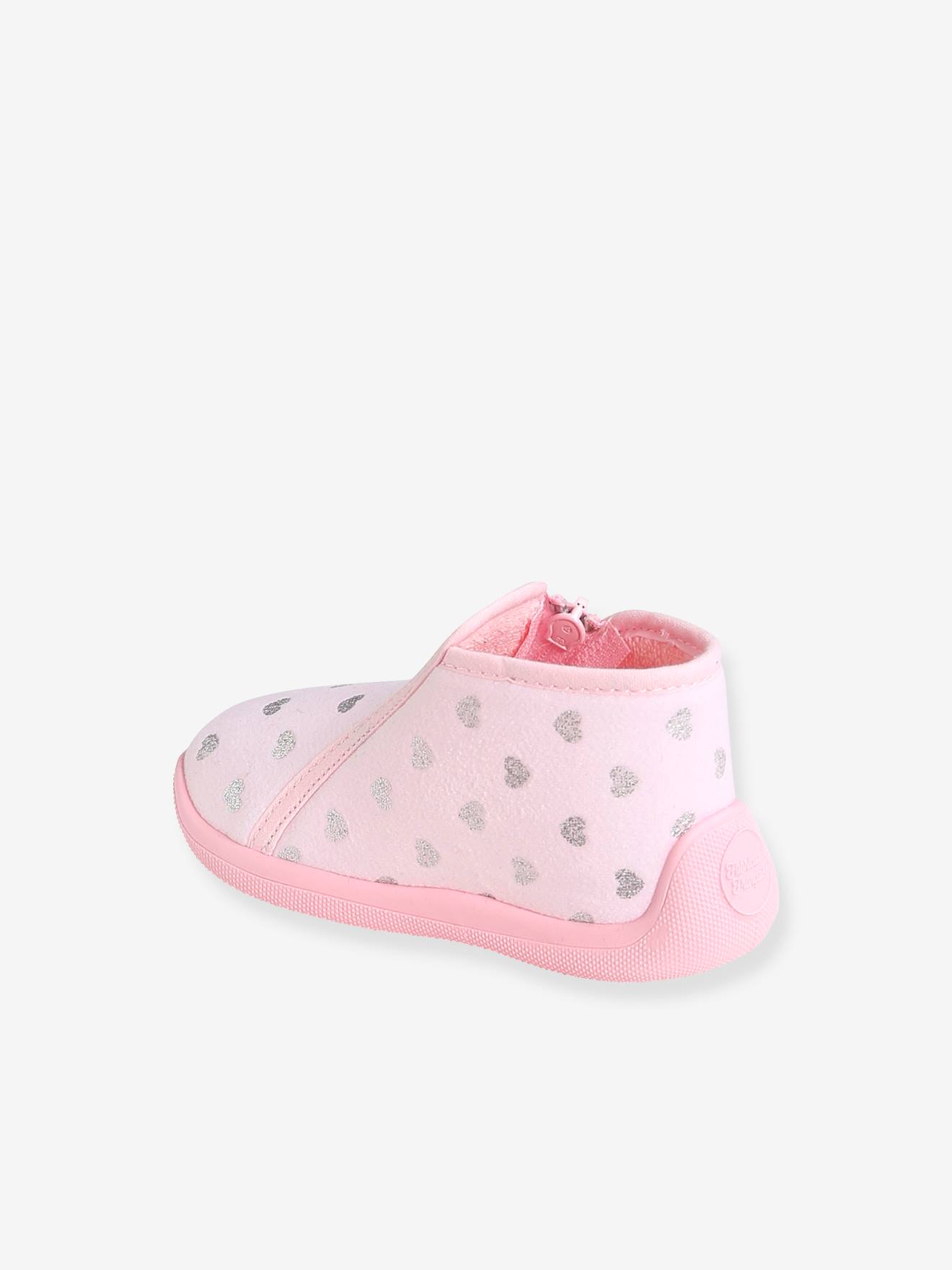 Pantufas de casa com zíper para bebê menina, fabricadas na França, estampa rosa claro