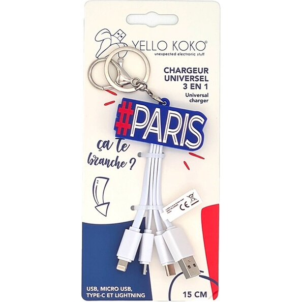 Câble téléphone portable Yello Koko Andy USBA - USBC/Micro/Light 15cm Paris Blanc