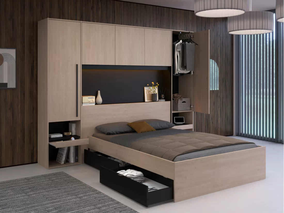 Pont de lit avec rangements - Avec LEDs - L265 cm - Coloris : Naturel et noir - VELONA