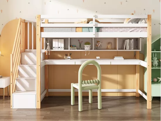 Lit mezzanine 90x200cm en bois - avec escalier de rangement + bureau + sommier à lattes - Blanc & Naturel