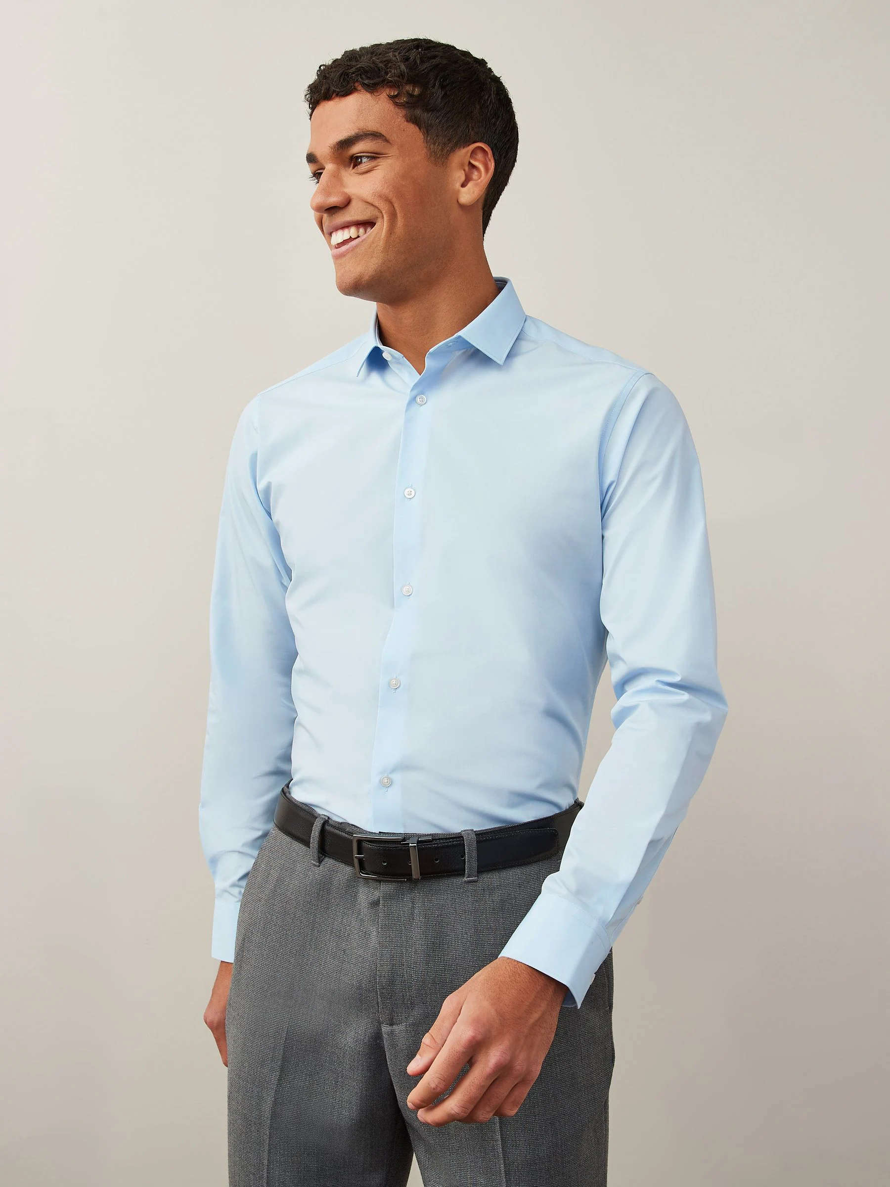 Lichtblauw - Slim Fit - Strijkvrij net overhemd met enkele manchet