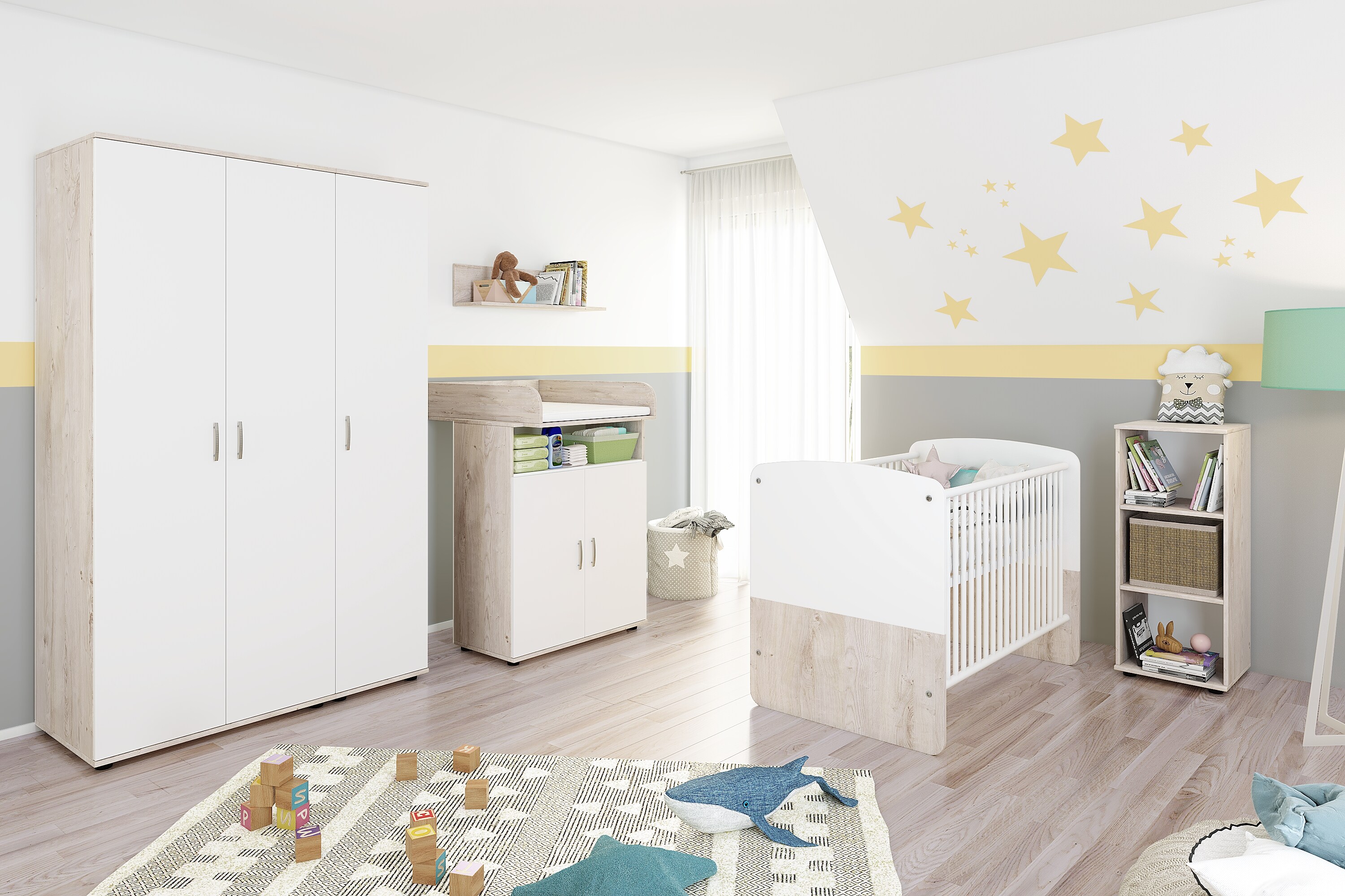 nonjoo. Babyzimmer Lani Set 8: best. aus Babybett, Kommode, Wickelaufsatz, Wandboard, Regal mit 3 Fächern und Kleiderschrank 3-trg.