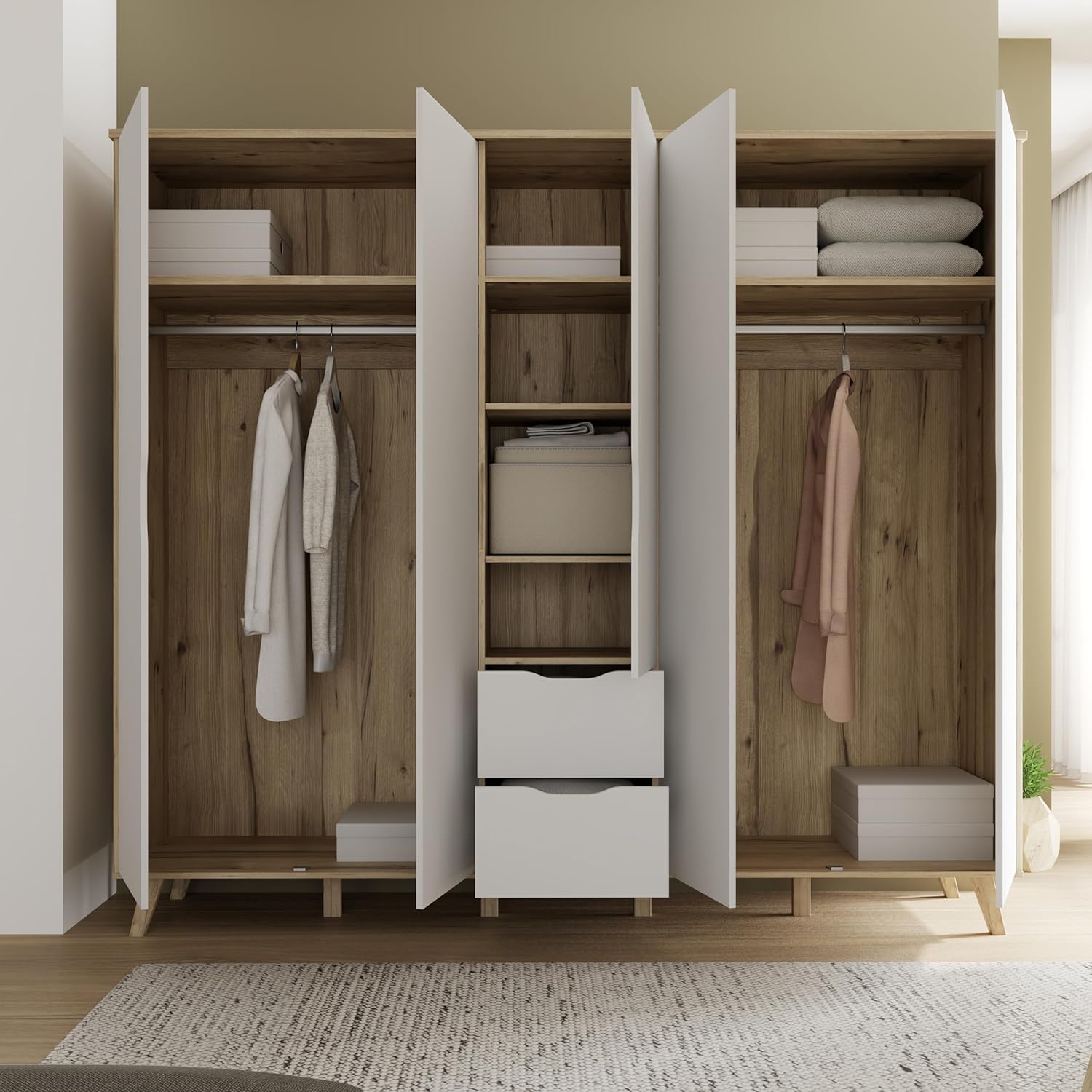 Forte VANKKA Kleiderschrank 230, Skandi Schrank mit 5 Drehtüren und 2 Schubladen, Filigrane Möbelbeine, Holzwerkstoff, Planked Eiche Holzdekor | Weiß, 228,8 cm breit x 201,5 cm hoch x 52,7 cm tief