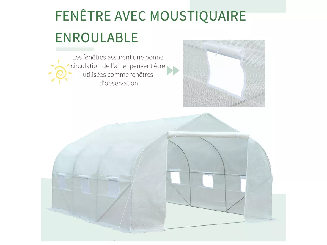 Serre tunnel de jardin dim. 4,45L x 2,99l x 2H m porte + 6 fenêtres enroulables acier galvanisé bâche PE haute densité blanc