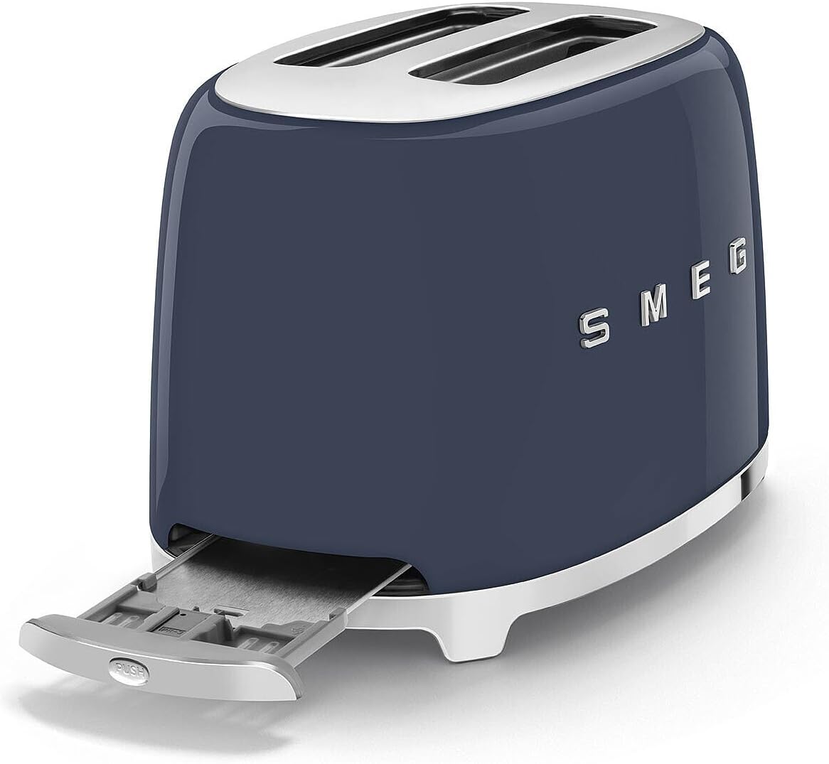 Smeg, 2x2 TSF01NBEU -Toaster, 2 Schlitze für 2 Scheiben, 6 Vergoldungsniveaus, Heizfunktion, Abtau- und Bagel- Funktion, Sammelschublade, 950W, Navy Blue