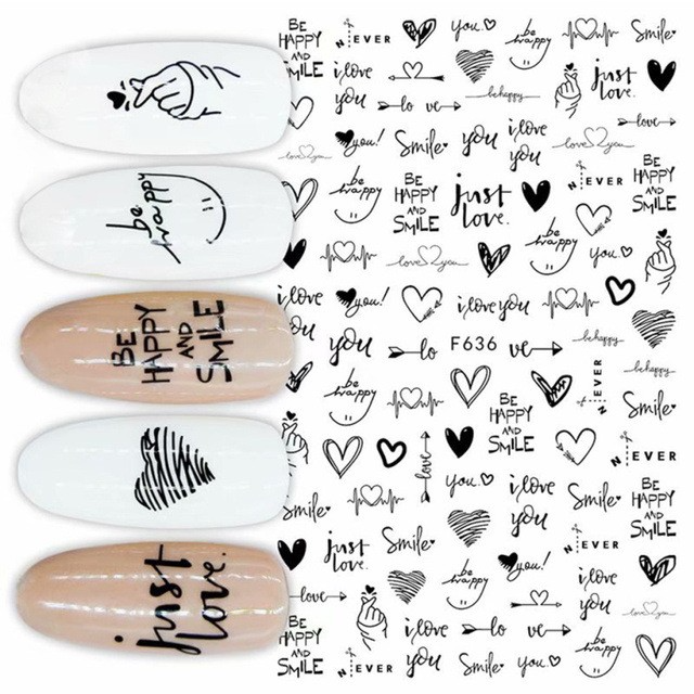 (96-tlg. Set) Nagel Sticker Nail Art Tattoo Selbstklebende Love Muster Aufkleber - Schwarz