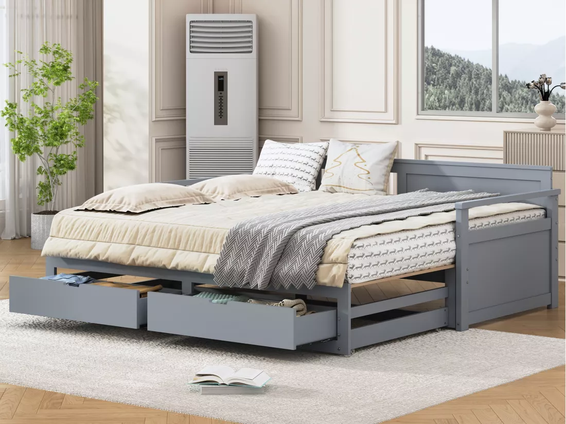 Lit gigogne 90 x 190 cm/180 x 190 cm avec 2 tiroirs - bois massif - gris