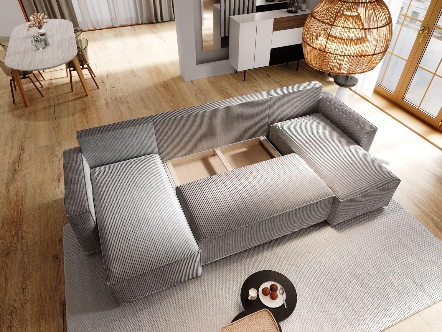 Masseno Ecksofa ASPRA mit Schlaffunktion U-Form, Sofa mit Bettkasten, Wohnzimmersofa, Couch, Soffa, Bettsofa, Couchgarnitur- Grün, POSO 14