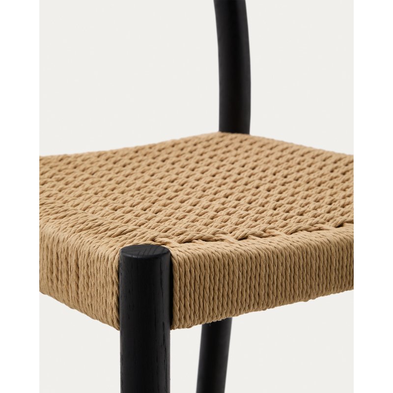 Tabouret Yalia dossier en bois de chêne finition noire et assise en corde 65 cm