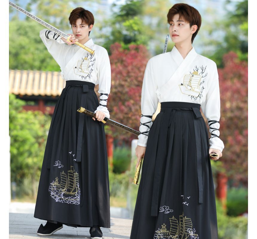 Tangier - Schip geborduurd Hanfu gewaad / Top met lange mouwen / Maxi rok / Arm mouwen / Set
