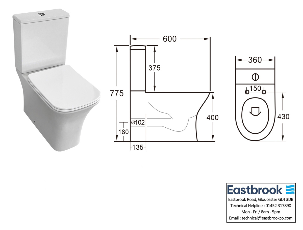 Eastbrook Beddington randloze toiletpot met vortex spoeling back to wall wit glans