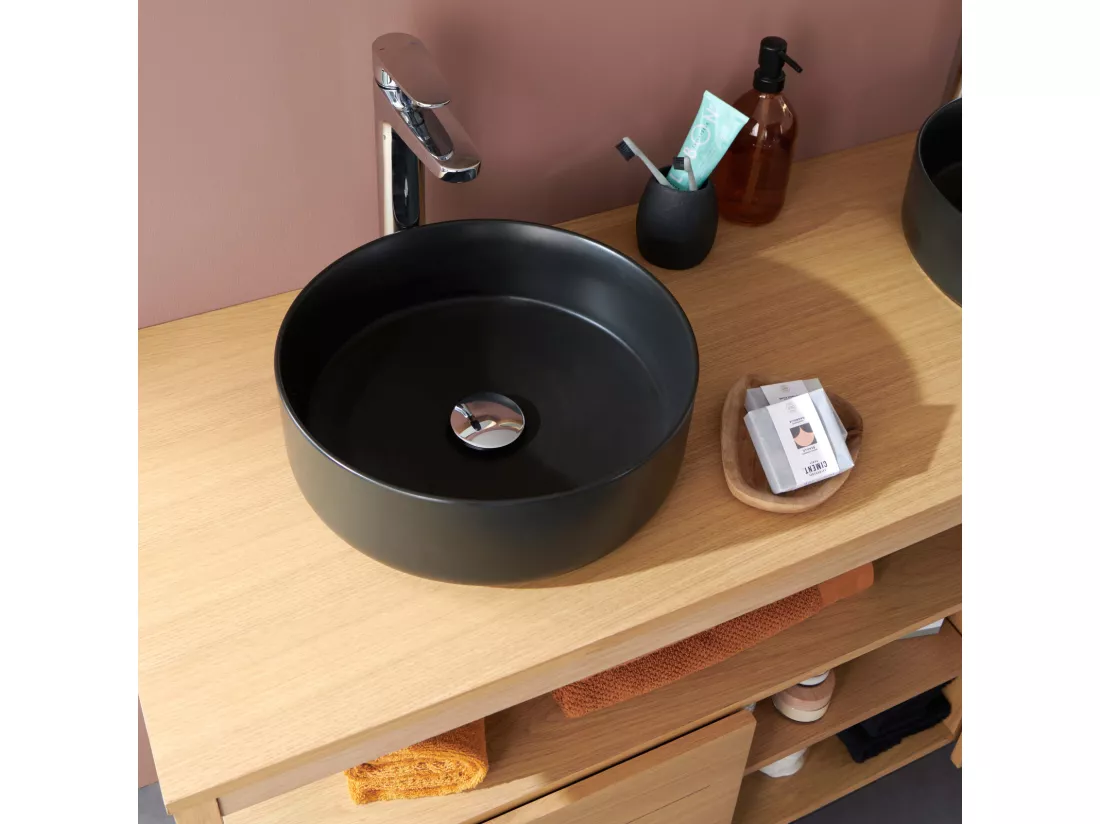 Meuble de Salle De Bain Chêne 140 cm ATOLL + 2 Miroirs + 2 Vasques rondes noires