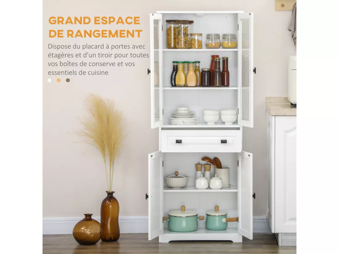 Armoire de cuisine buffet haut 4 portes 3 étagères tiroir verre trempé panneaux MDF blanc