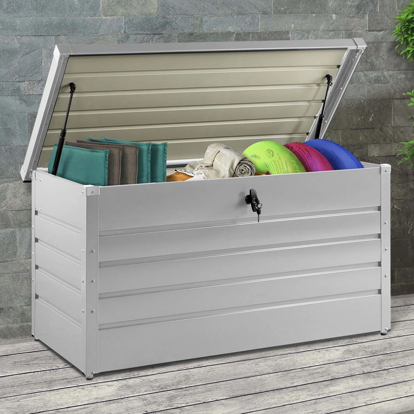 Coffre de rangement métal verrouillable gris clair pour jardin 350L 120x62,5x63 cm