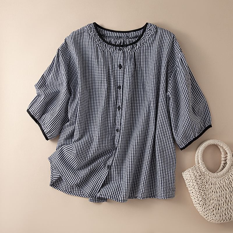 YARU - Blouse met pofmouwen, ruitmotief en knopen