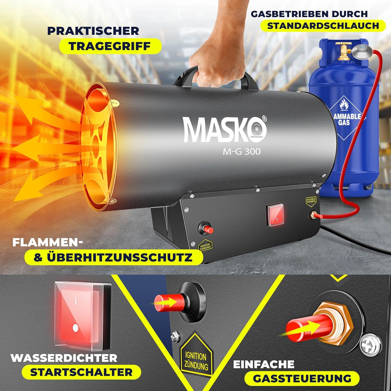 Masko® Gasheizgebläse Gasheizer Heizkanone Gasheizstrahler 30 KW Bauheizer Gas Heizgerät heizstrahler Heißluftgenerator inkl. Gasschlauch & Druckminderer Heizgebläse für handelsübliche Gasflaschen