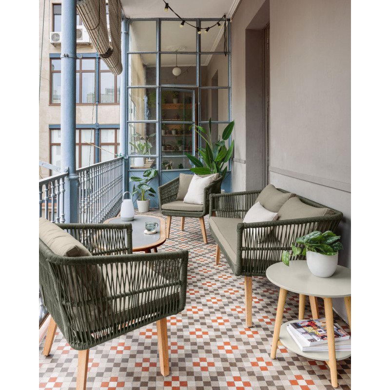 Ensemble d'extérieur Inti - d’un canapé 2 places et 2 fauteuils - tissu - structure en aluminium - pieds en bois d'acacia verte