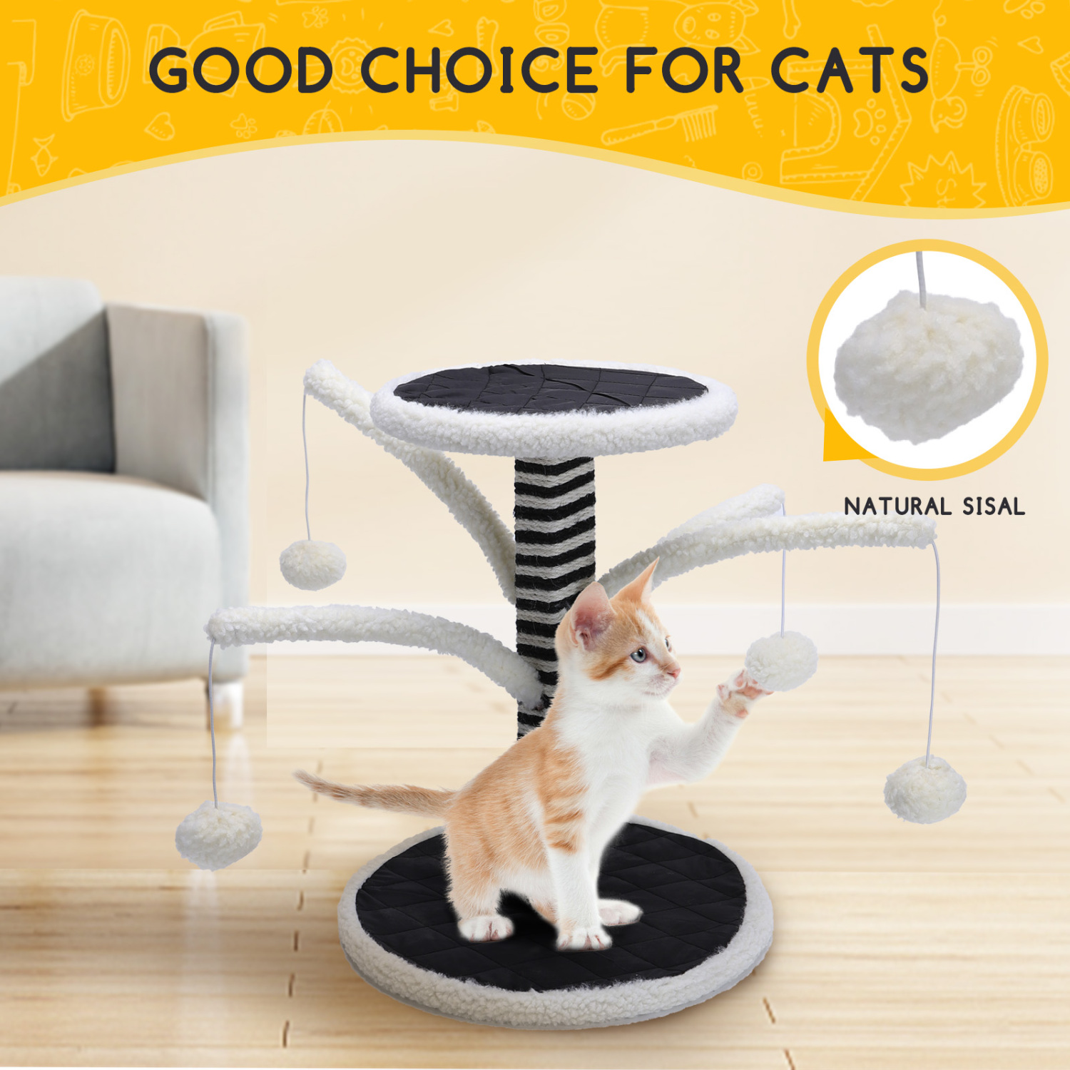 Nobleza – Arranhador de sisal para gatos com brinquedo. Tamanho pequeno. Dimensões: 35 cm (comprimento) x 35 cm (largura) x 44 cm (altura).