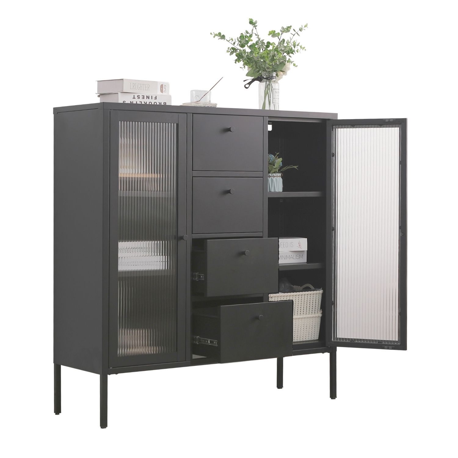 Mein-Regal Highboard Paris 105x35x110cm Metall 4 Schubladen Glastüren schwarz