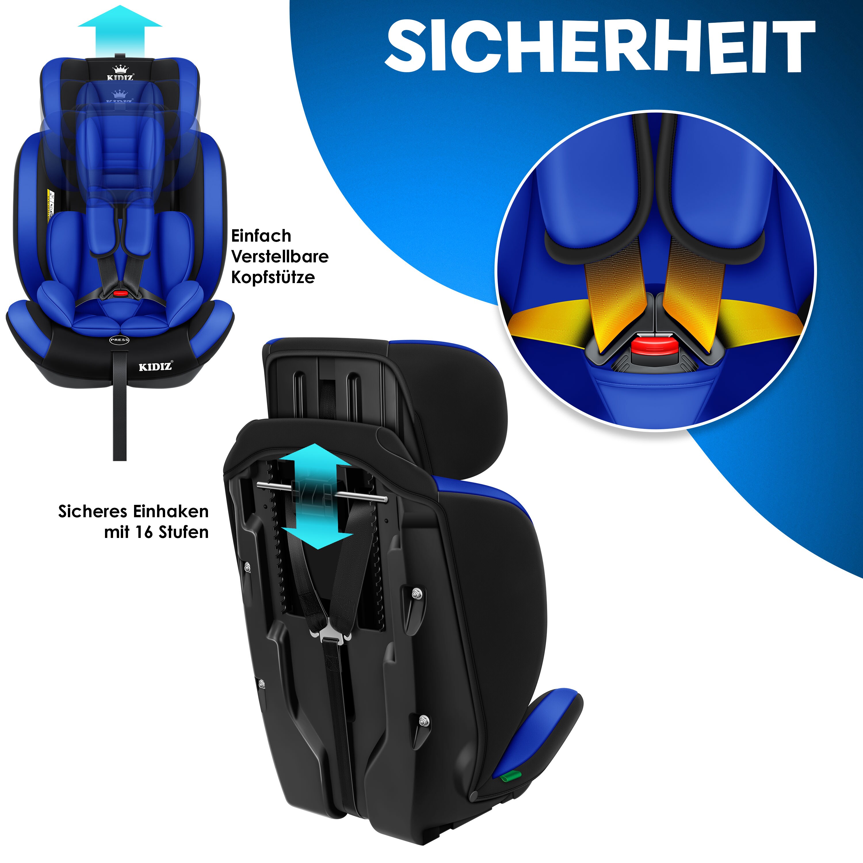 KIDIZ® Autokindersitz Kinderautositz ? Gruppe 1+2+3 ? 9-36 kg 5-Punkt-Sicherheitsgurt, Autositz, Kindersitz, Einstellbare Kopfstütze | Mitwachsende Sitzerhöhung 1-12 Jahre, Stabil und Sicher