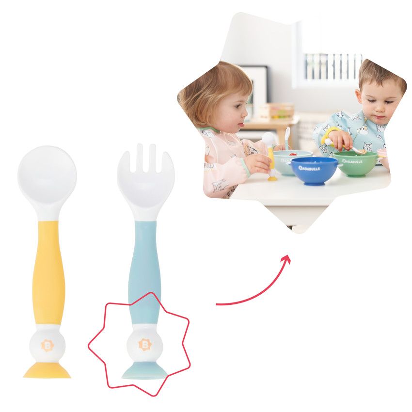 Lot de 2 couverts d'apprentissage flexibles - Jaune/Bleu - Ecru
