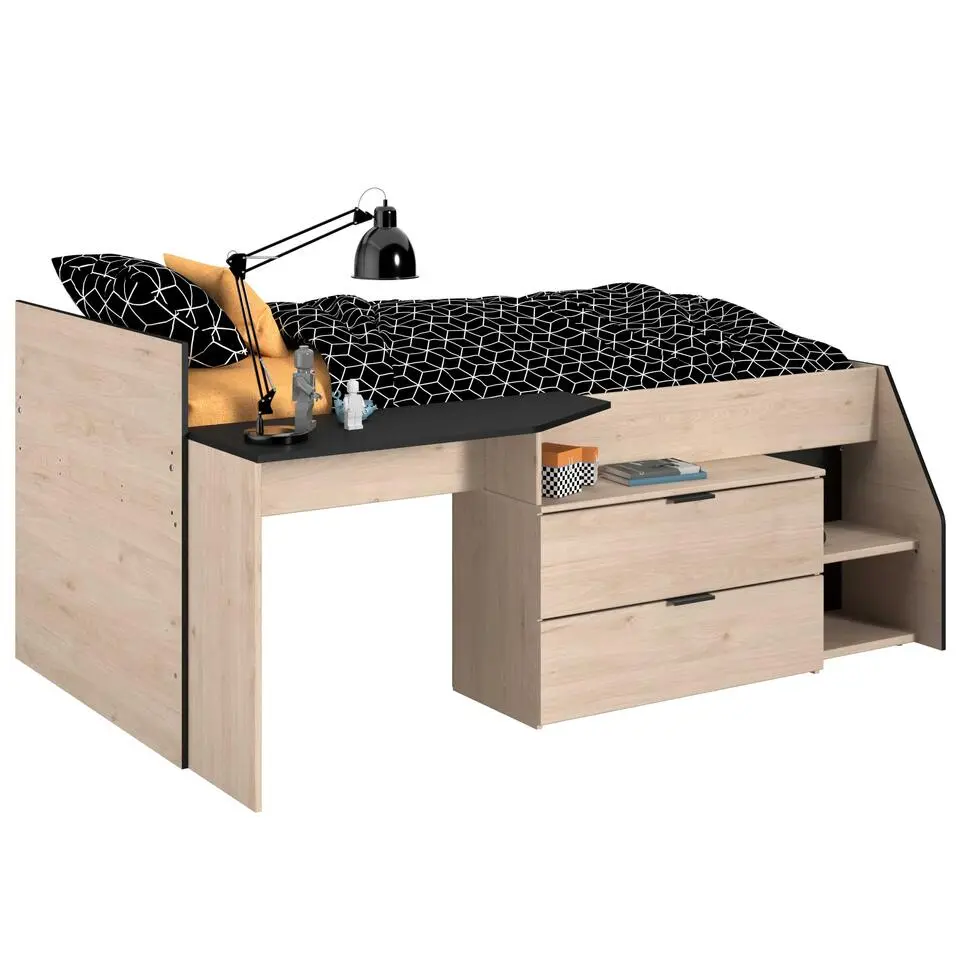 Kajuitbed Milky met bureau en lades - zwart/eik